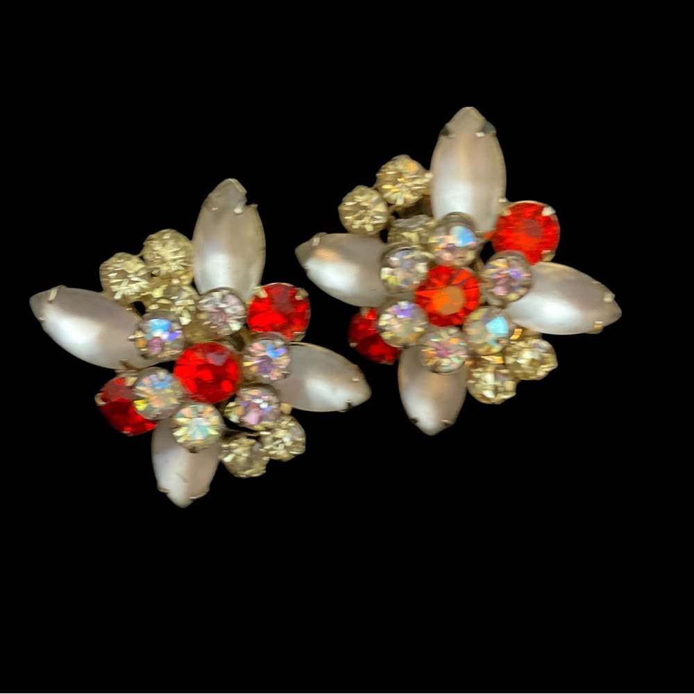 Vintage 1950’s Vibrant Red Rhinestone and Moon-glow Clip on Crystal Earrings